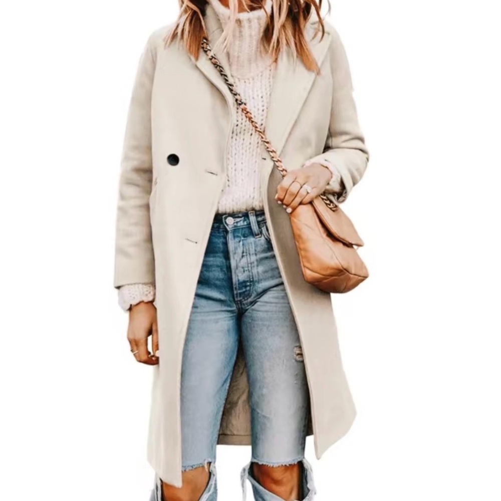 Beige Wool-Blend Pea Trench Coat